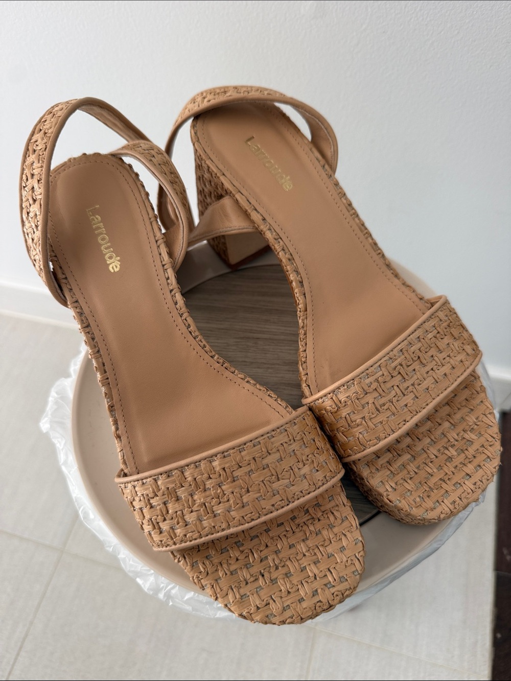 Larroude Tan Woven Slingback Rattan Sandals